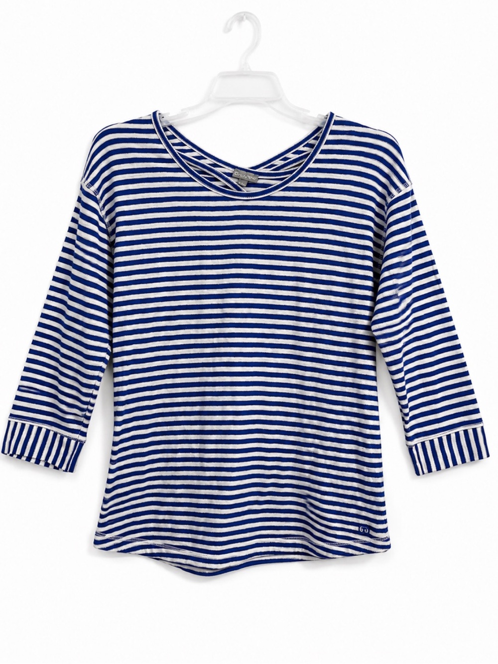T by Talbots Blue White Striped Keyhole Back 3/4 Sleeve Cotton Coastal Shirt